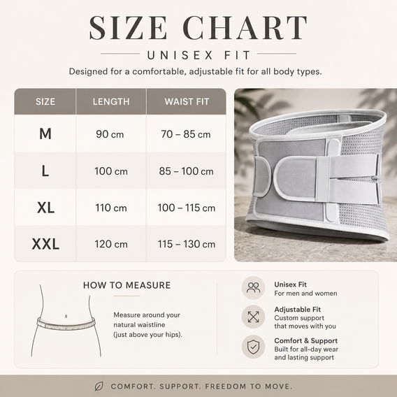 VerteLux Support Belt size chart